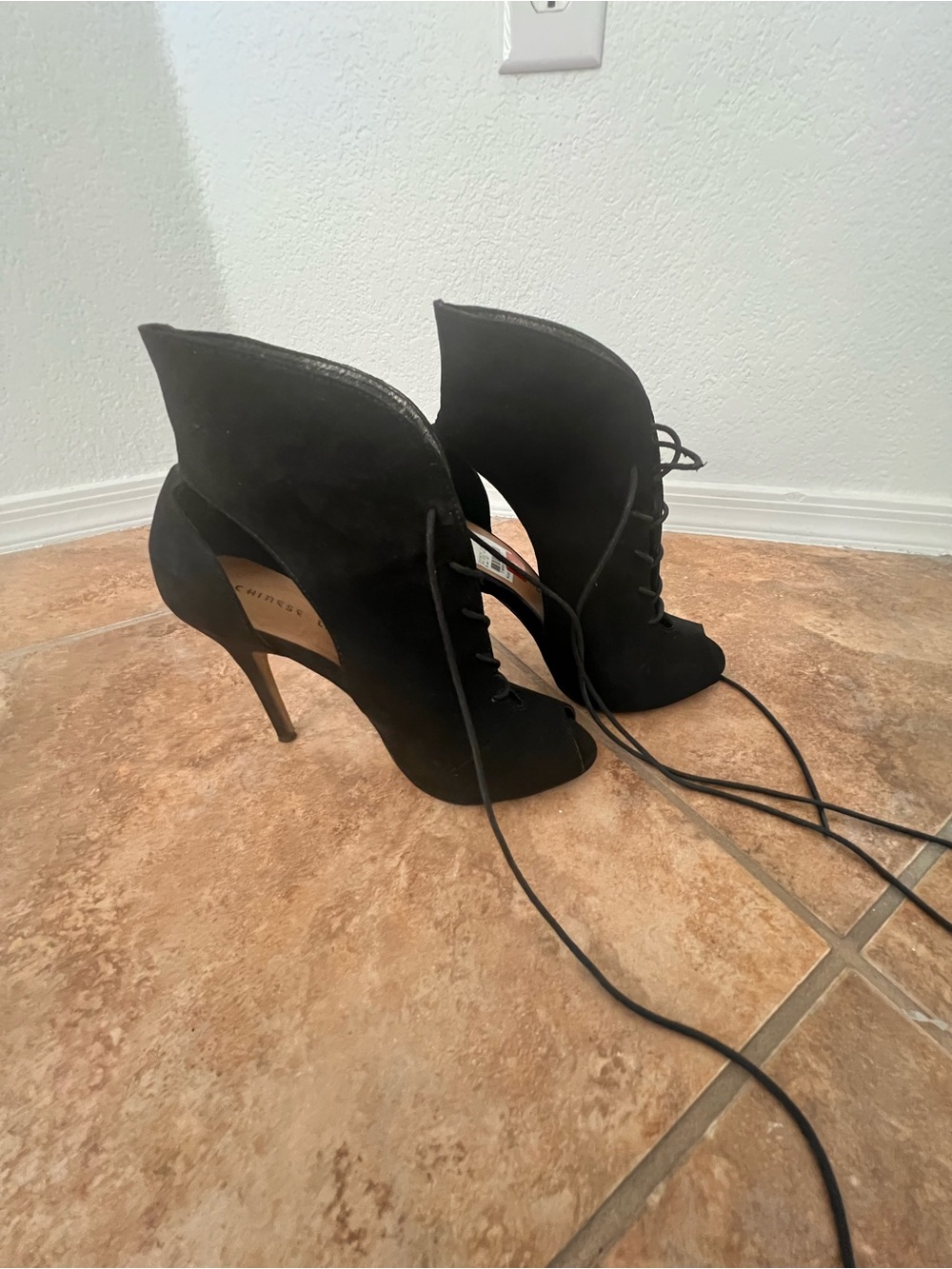 Chinese Laundry Black Suede Lace-Up Peep-Toe Booties